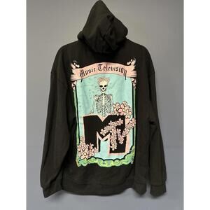 MTV Skeleton Flowers Graphic Hoodie Sweatshirt Black Size XL Pullover
